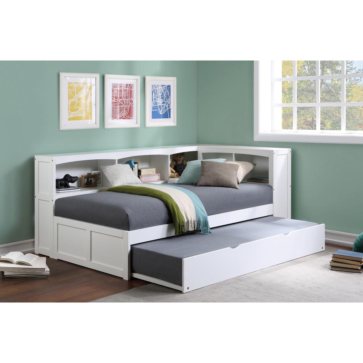 Galen White Transitional Wood And Engineered Wood Twin Bookcase Corner Bed With Twin Trundle - Ella Furniture