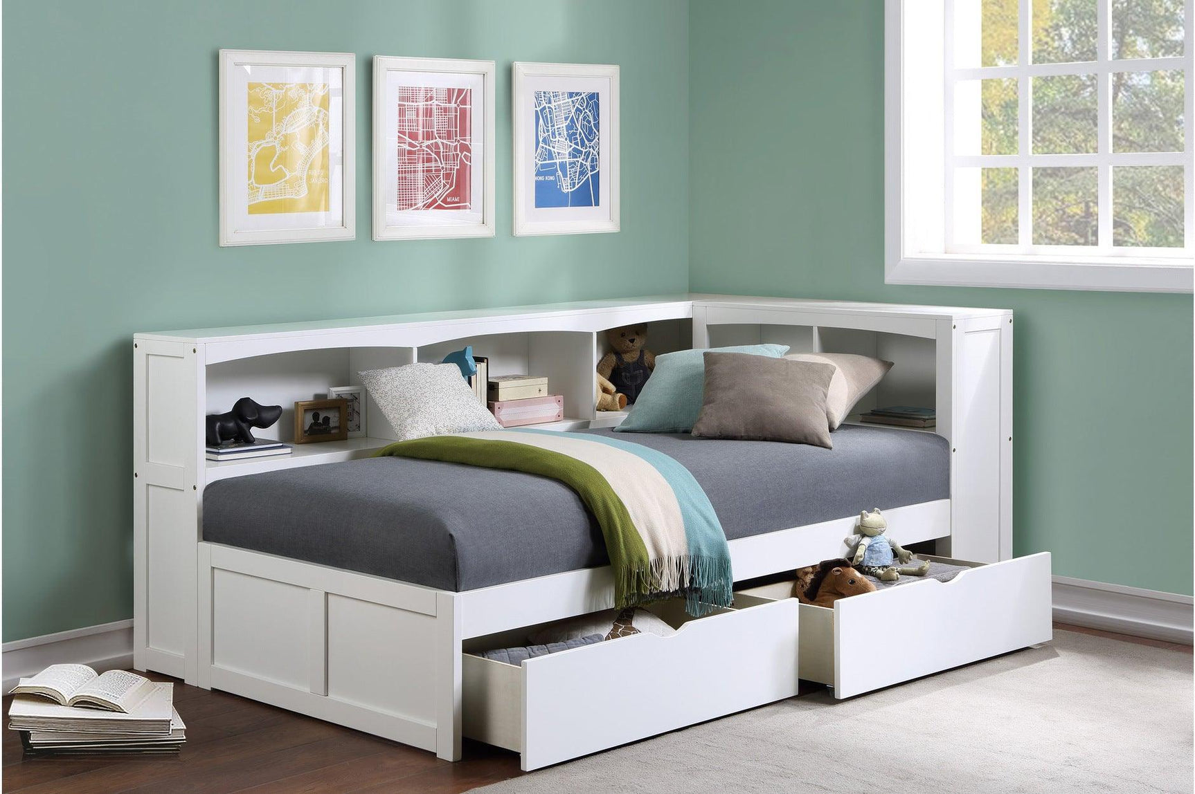 Galen White Modern Transitional Solid Wood Twin Bed And Twin Corner Bookcase Bed - Ella Furniture