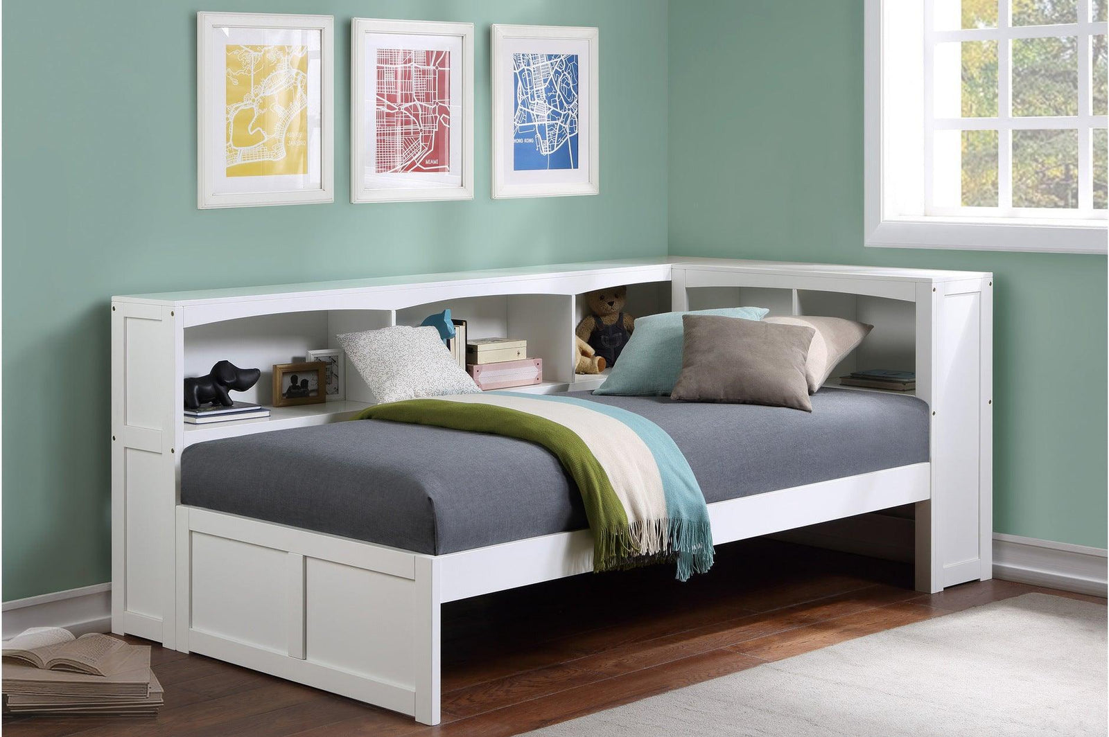 Galen White Modern Transitional Solid Wood Twin Bed And Twin Corner Bookcase Bed - Ella Furniture