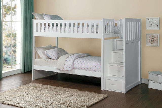 Galen White Transitional Engineered Wood Youth Twin Over Twin With Storage Stair Steps Bedroom Set - Ella Furniture