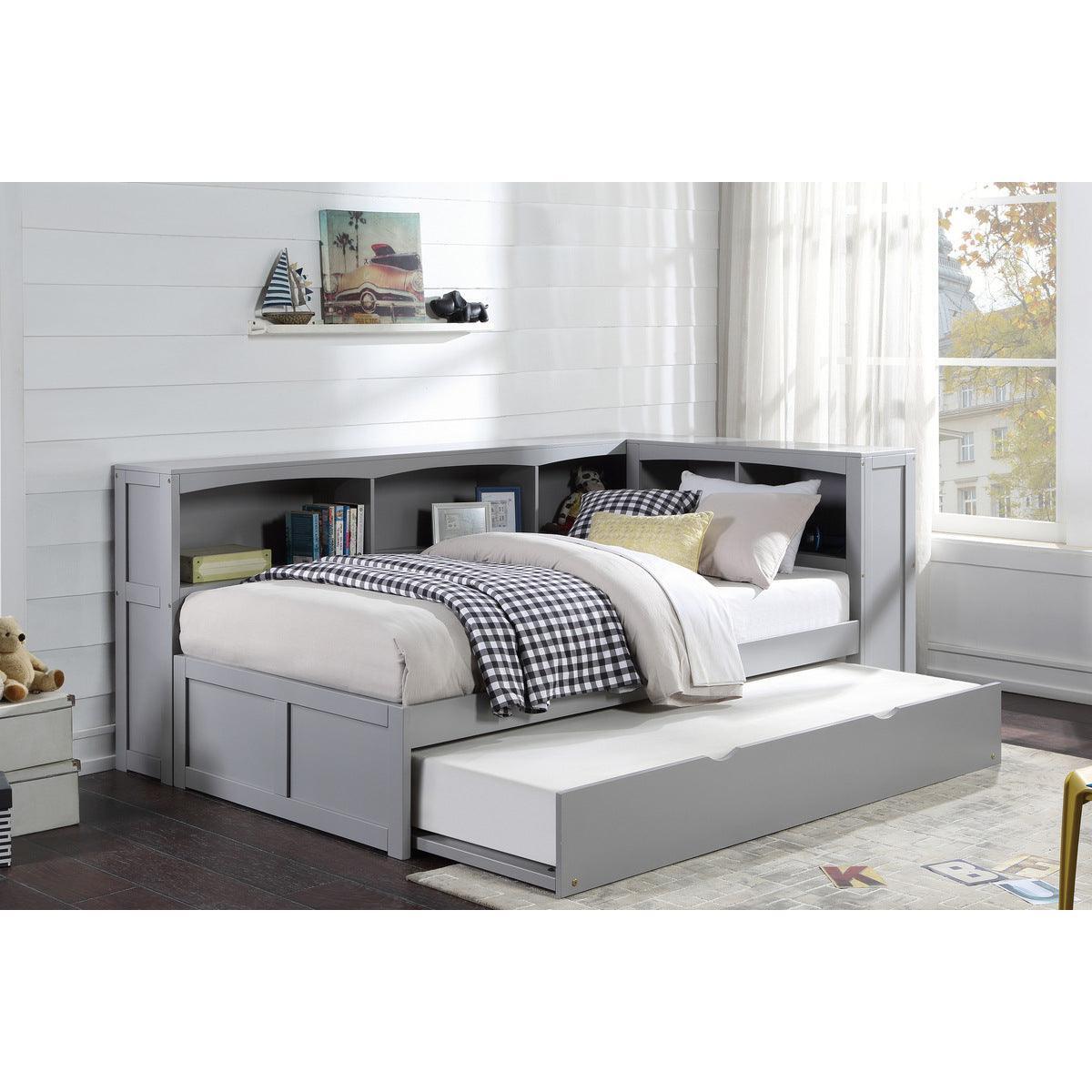 Orion Gray Transitional Wood And Engineered Wood Youth Twin Bookcase Corner Bed With Twin Trundle - Ella Furniture