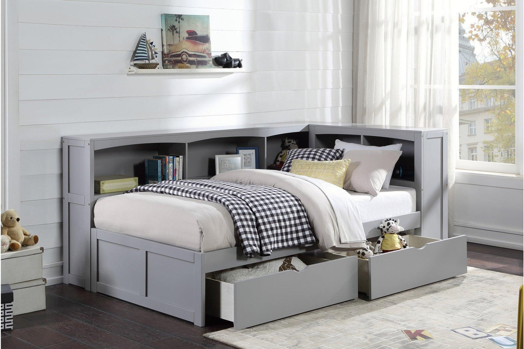 Orion Gray Modern Transitional Wood Engineered Wood Youth Twin Bed And Twin Corner Bookcase Bed - Ella Furniture