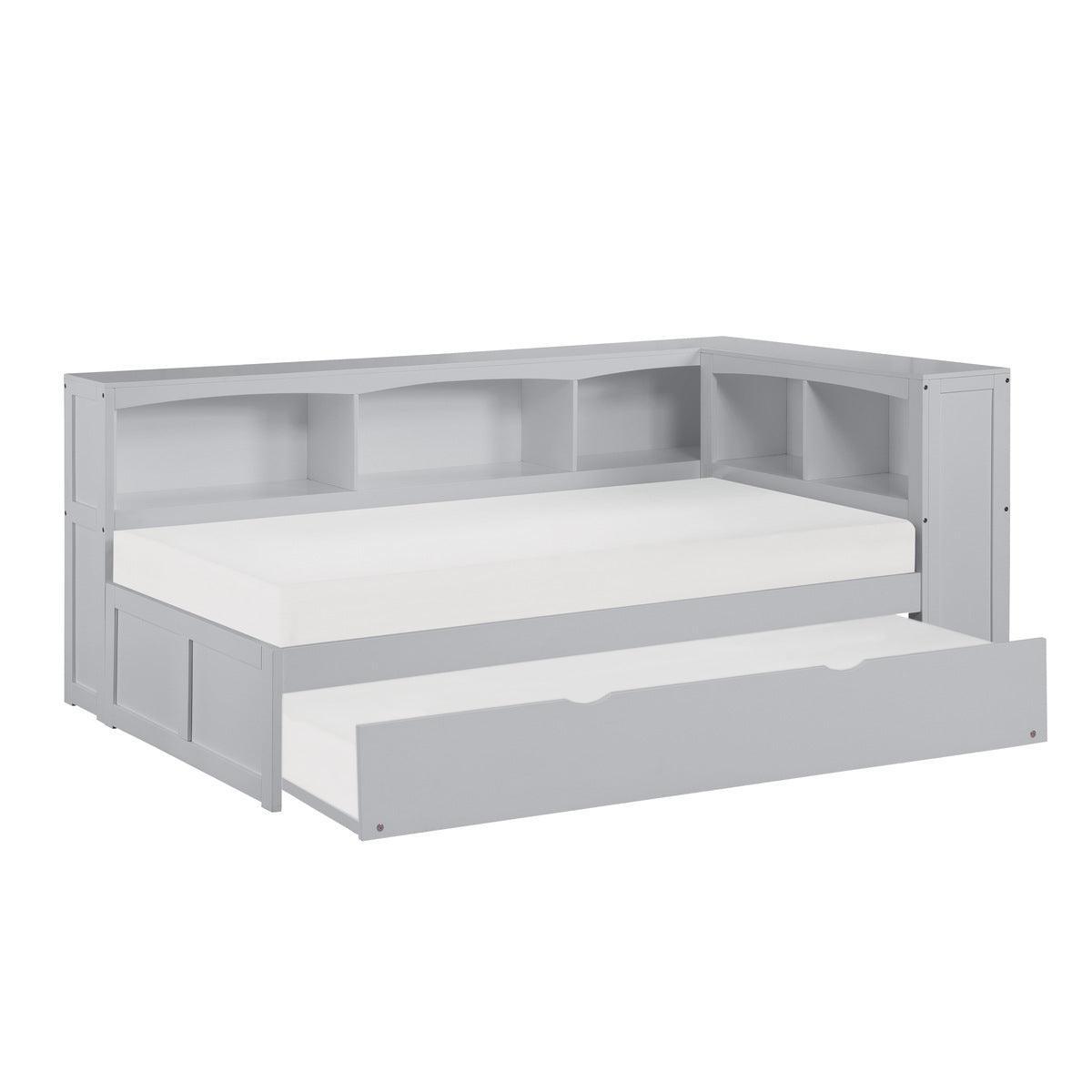 Orion Gray Transitional Wood And Engineered Wood Youth Twin Bookcase Corner Bed With Twin Trundle - Ella Furniture
