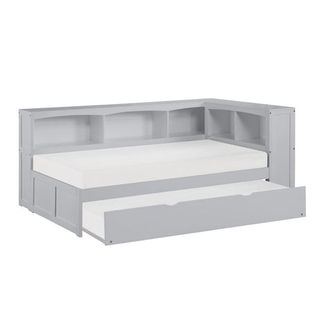 Orion Gray Transitional Wood And Engineered Wood Youth Twin Bookcase Corner Bed With Twin Trundle - Ella Furniture
