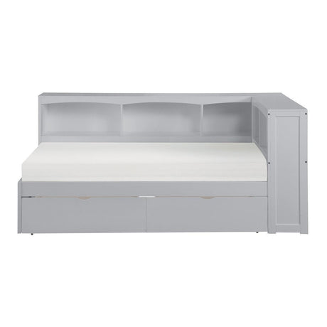Orion Gray Transitional Wood And Engineered Wood Twin Bookcase Corner Bed With Storage Boxes - Ella Furniture