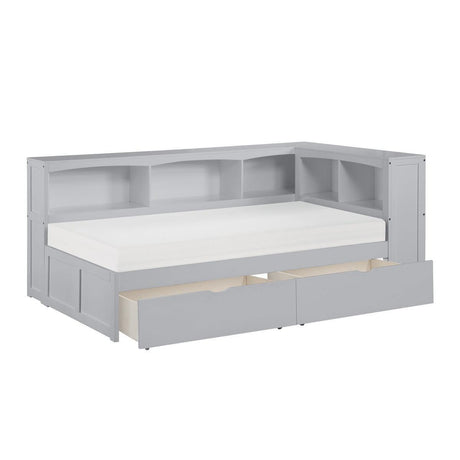 Orion Gray Transitional Wood And Engineered Wood Twin Bookcase Corner Bed With Storage Boxes - Ella Furniture