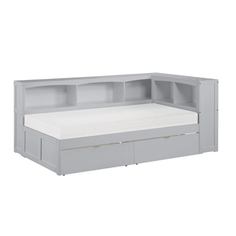 Orion Gray Transitional Wood And Engineered Wood Twin Bookcase Corner Bed With Storage Boxes - Ella Furniture