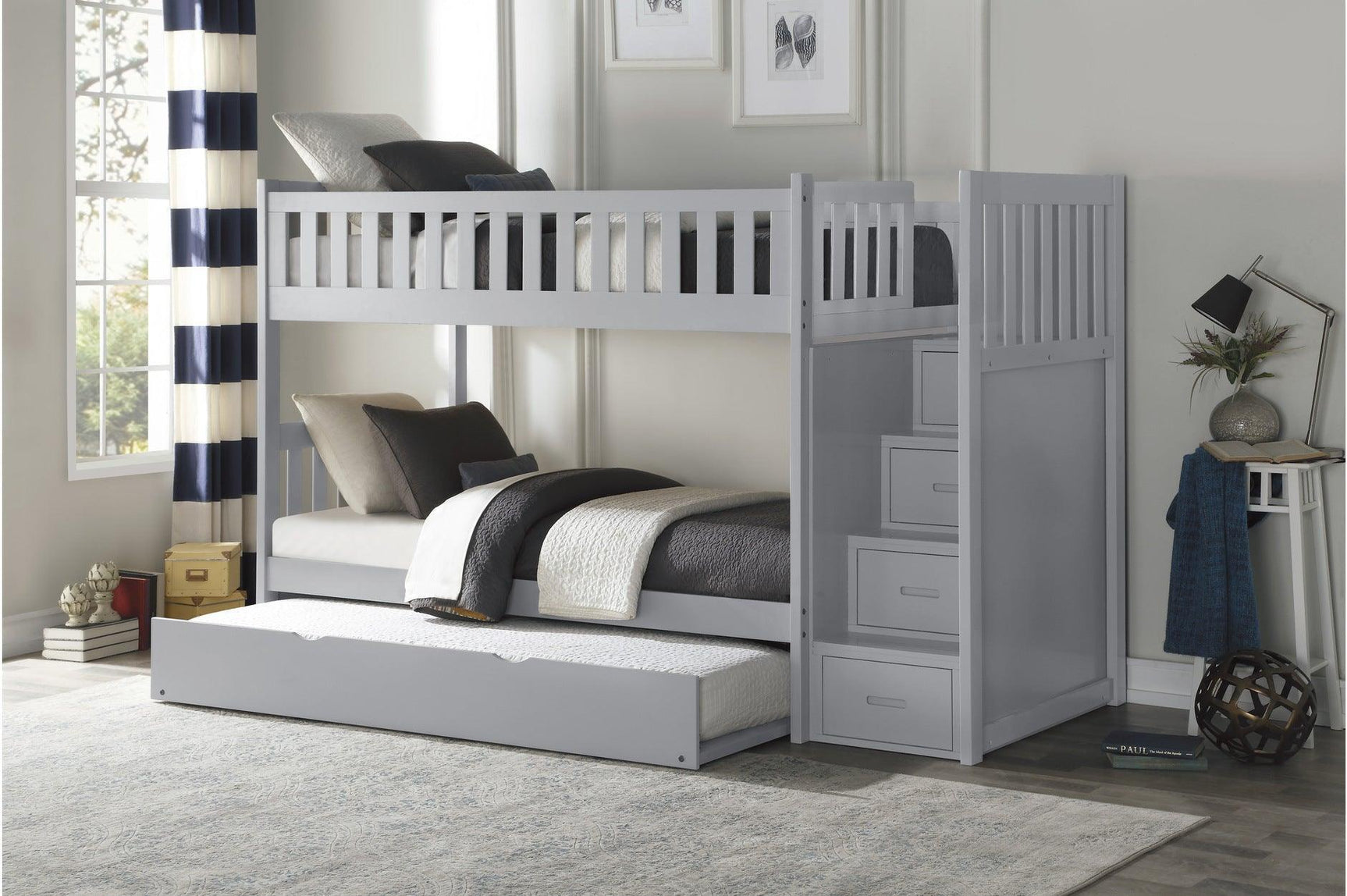 Orion Gray Transitional Solid Wood Twin Over Twin With Storage Stairs Youth Bedroom Set - Ella Furniture