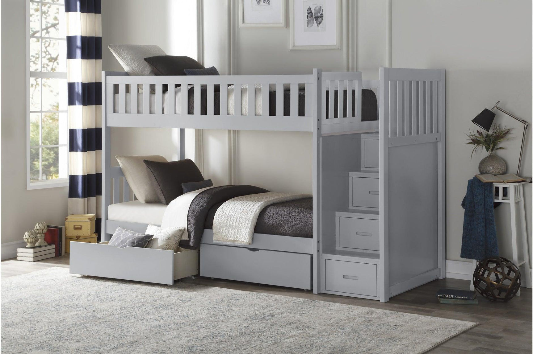 Orion Gray Transitional Solid Wood Twin Over Twin With Storage Stairs Youth Bedroom Set - Ella Furniture