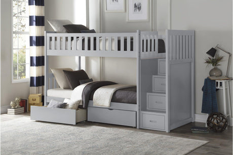 Orion Gray Transitional Solid Wood Twin Over Twin With Storage Stairs Youth Bedroom Set - Ella Furniture
