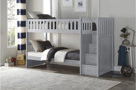Orion Gray Transitional Solid Wood Twin Over Twin With Storage Stairs Youth Bedroom Set - Ella Furniture