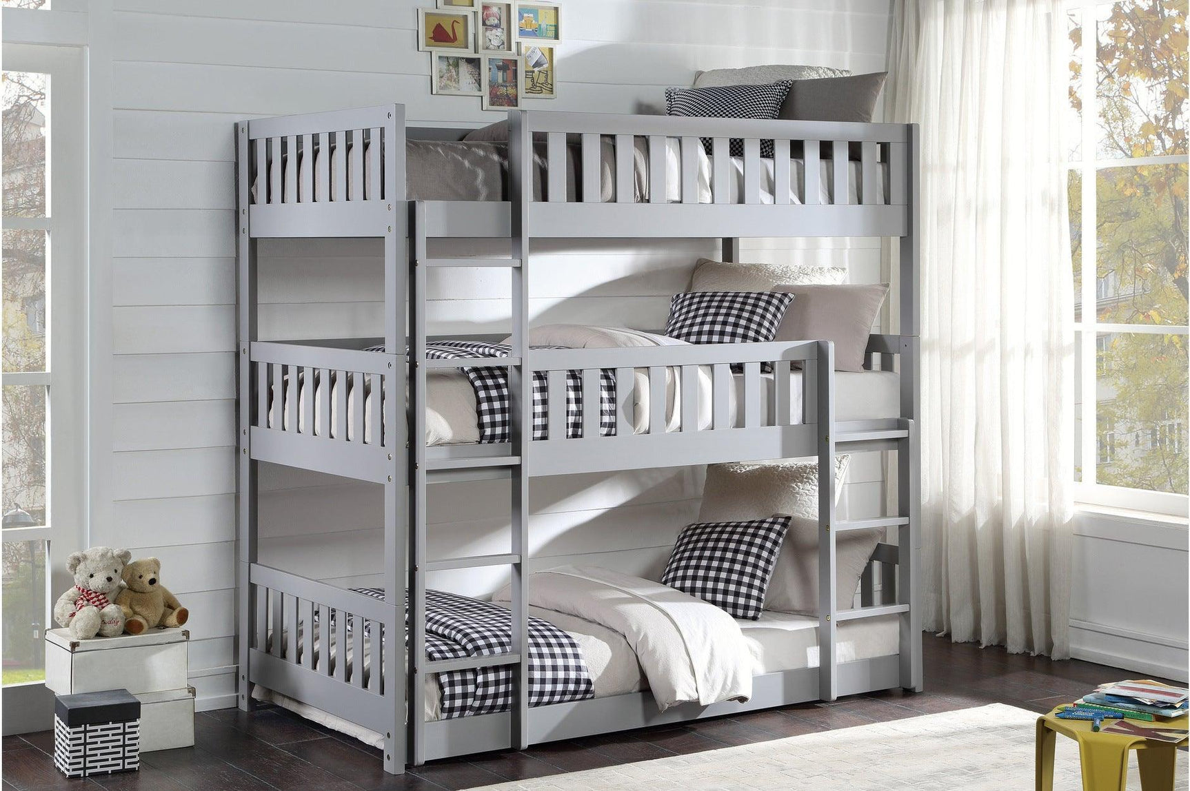 Orion Gray Youth Contemporary Transitional Engineered Wood Triple Twin Bunkbed Bedroom Set - Ella Furniture