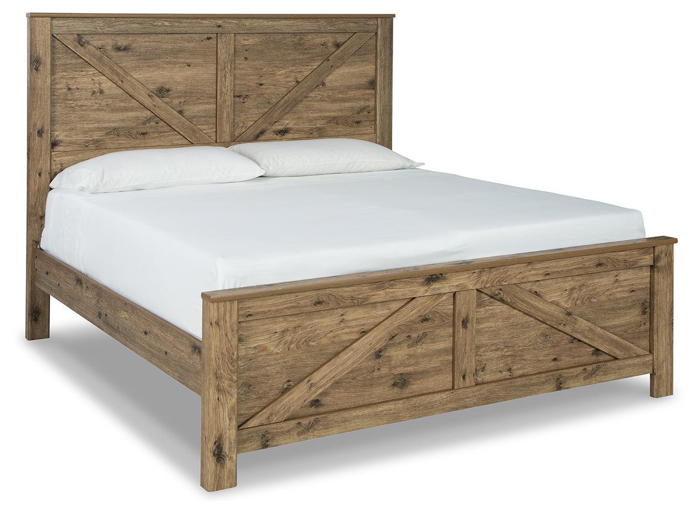 Shurlee Light Brown King Crossbuck Panel Bed - Ella Furniture