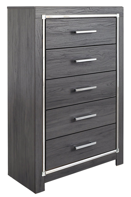 Lodanna Gray Chest of Drawers angled view showing chrome hardware