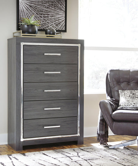 Side view of Lodanna Gray 5-drawer chest