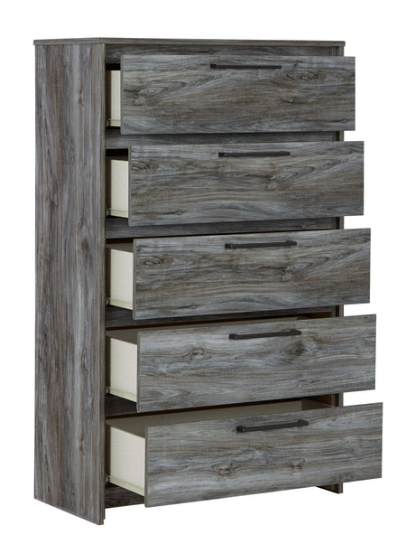 Open drawer of Baystorm Gray Chest lined with faux linen laminate