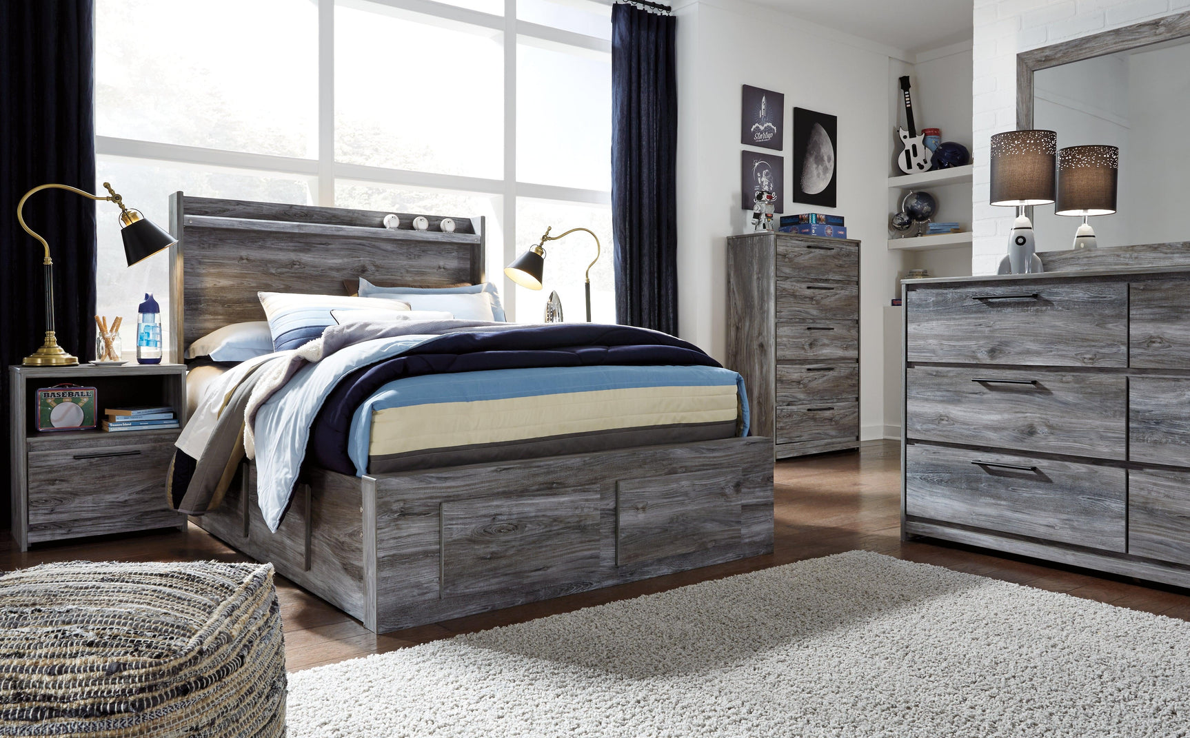 Baystorm Gray Full Panel Bed With 4 Storage Drawers - Ella Furniture