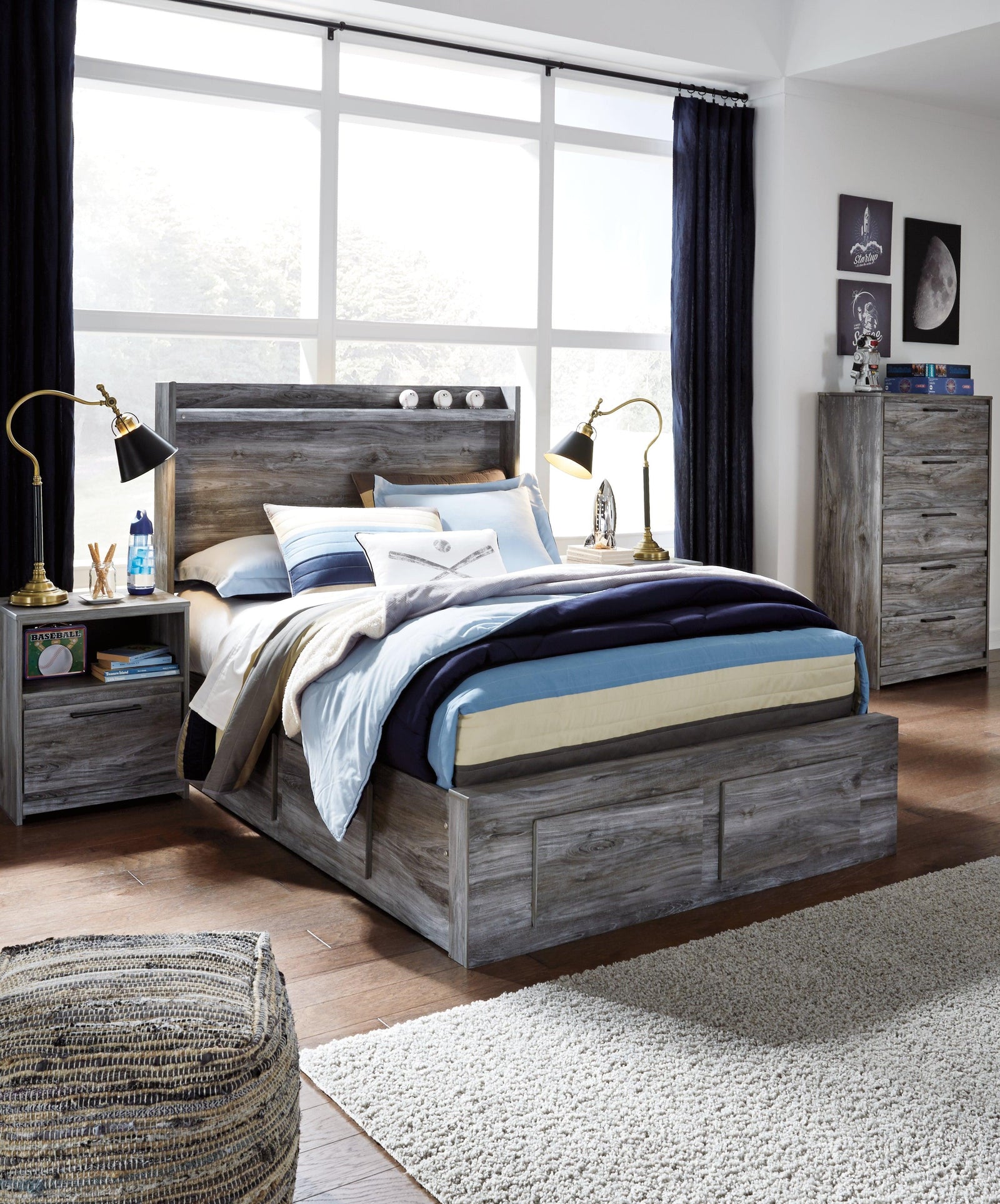 Baystorm Gray Full Panel Bed With 4 Storage Drawers
