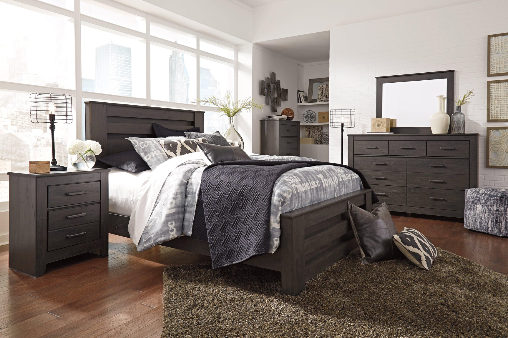 Brinxton Charcoal Queen Panel Bed - Ella Furniture