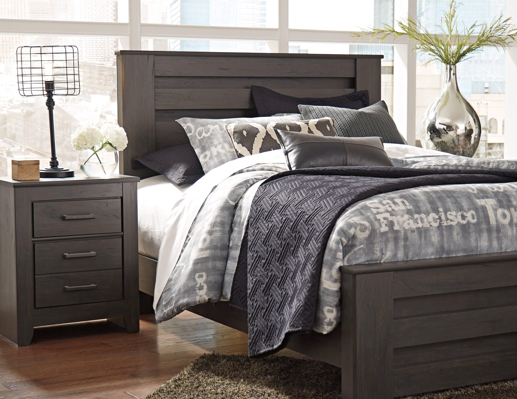 Brinxton Charcoal Queen Panel Bed - Ella Furniture