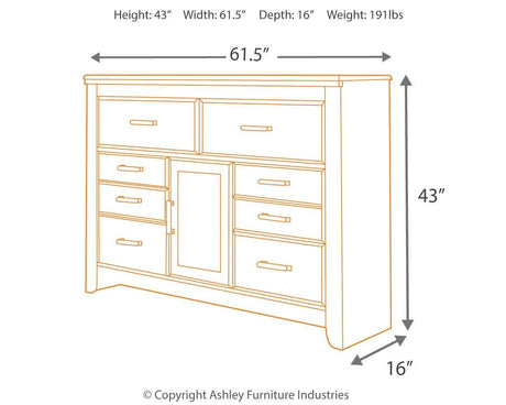 Dimension diagram of Juararo Dark Brown 6-Drawer Dresser