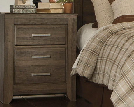 Juararo dark brown nightstand front view showing two drawers and open shelf