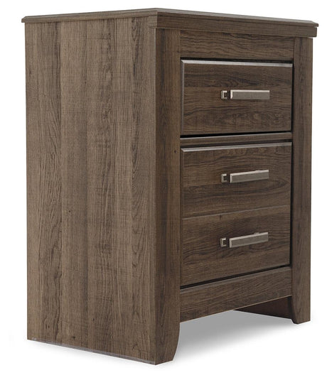 Juararo dark brown nightstand angled view highlighting oak grain texture