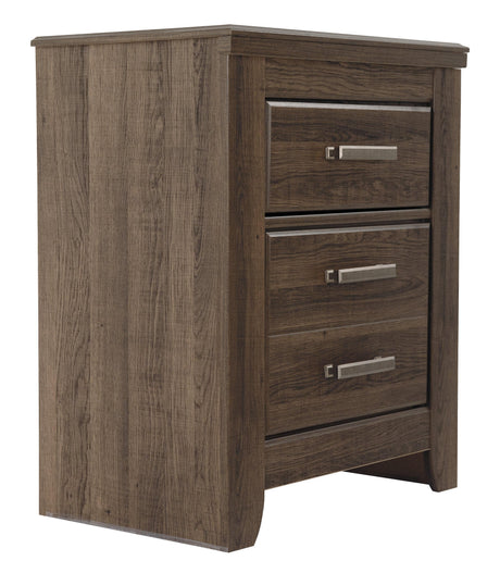 Juararo dark brown vintage-style nightstand with two drawers and open shelf