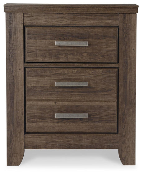 Juararo nightstand close-up of pewter-tone hardware and pilaster detailing