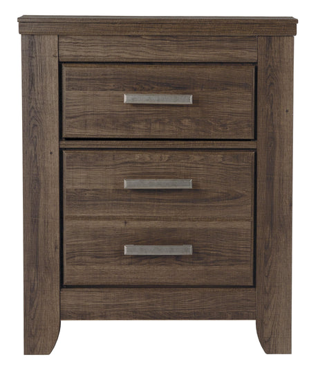 Juararo dark brown vintage-style nightstand with two drawers and open shelf