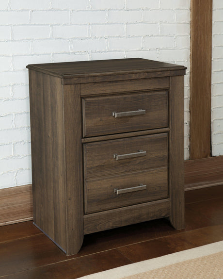 Juararo dark brown vintage-style nightstand with two drawers and open shelf