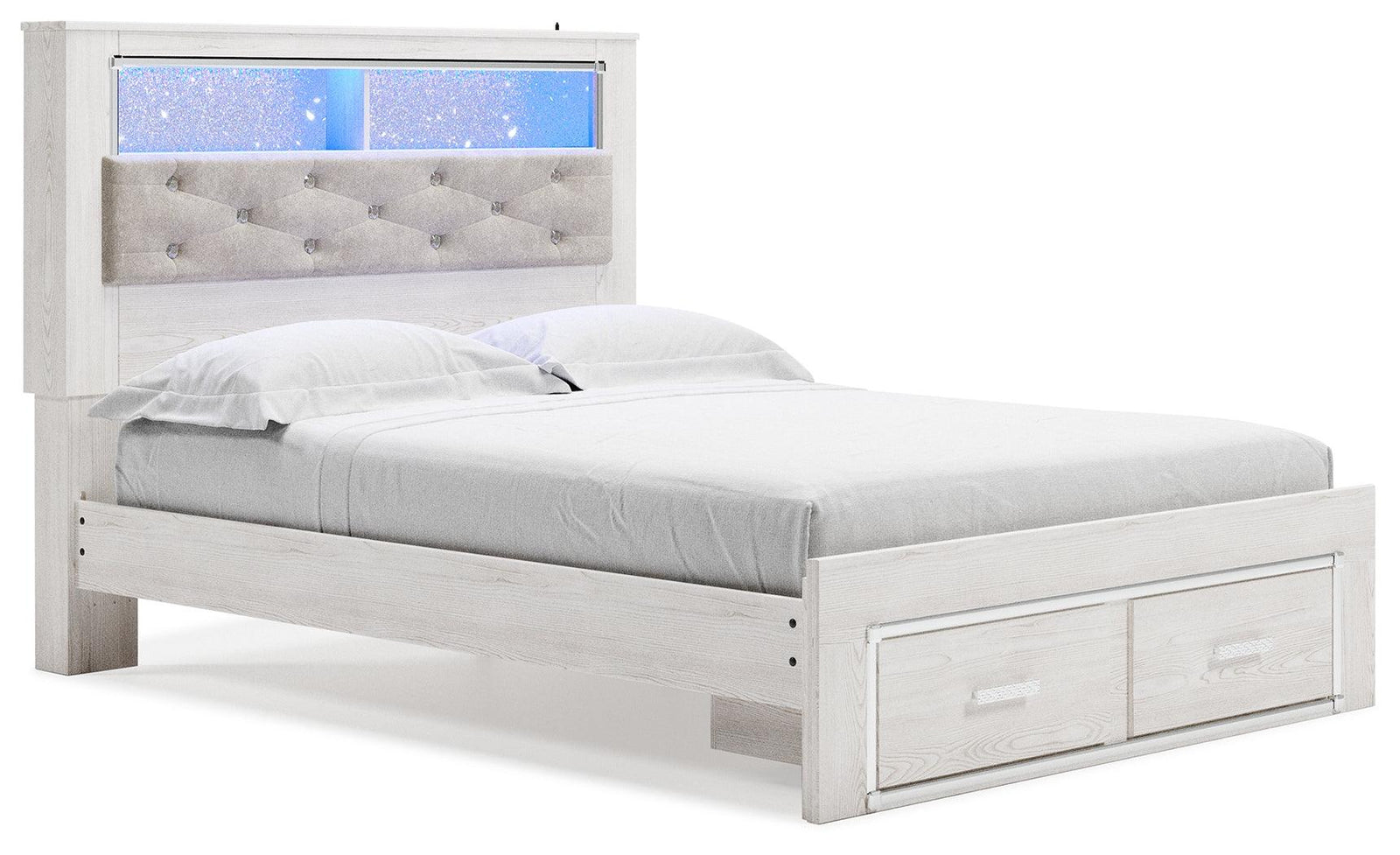 Altyra White Queen Upholstered Bookcase Bed With Storage - Ella Furniture