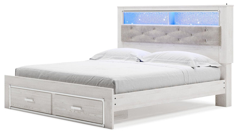 Altyra White King Upholstered Bookcase Bed With Storage - Ella Furniture