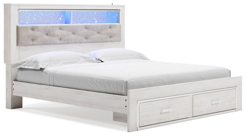 Altyra White King Upholstered Bookcase Bed With Storage - Ella Furniture