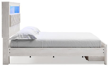Altyra White King Upholstered Bookcase Bed With Storage - Ella Furniture
