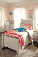 Willowton Whitewash Twin Panel Bed With 2 Storage Drawers - Ella Furniture