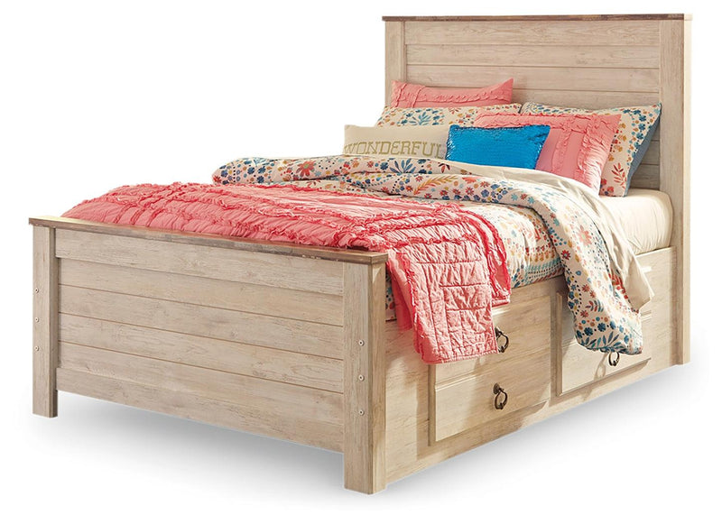 Willowton Whitewash Full Panel Bed With 2 Storage Drawers - Ella Furniture