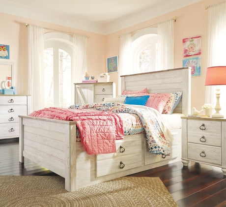 Willowton Whitewash Full Panel Bed With 2 Storage Drawers - Ella Furniture