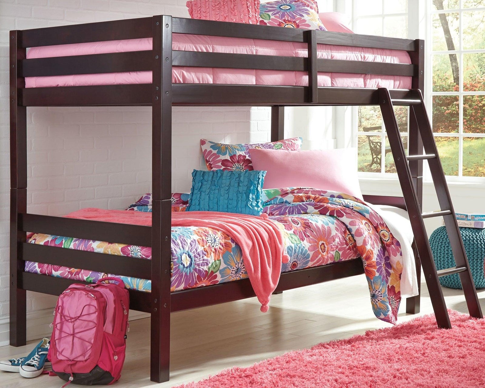 Halanton Dark Brown Twin Over Twin Bunk Bed With Ladder - Ella Furniture
