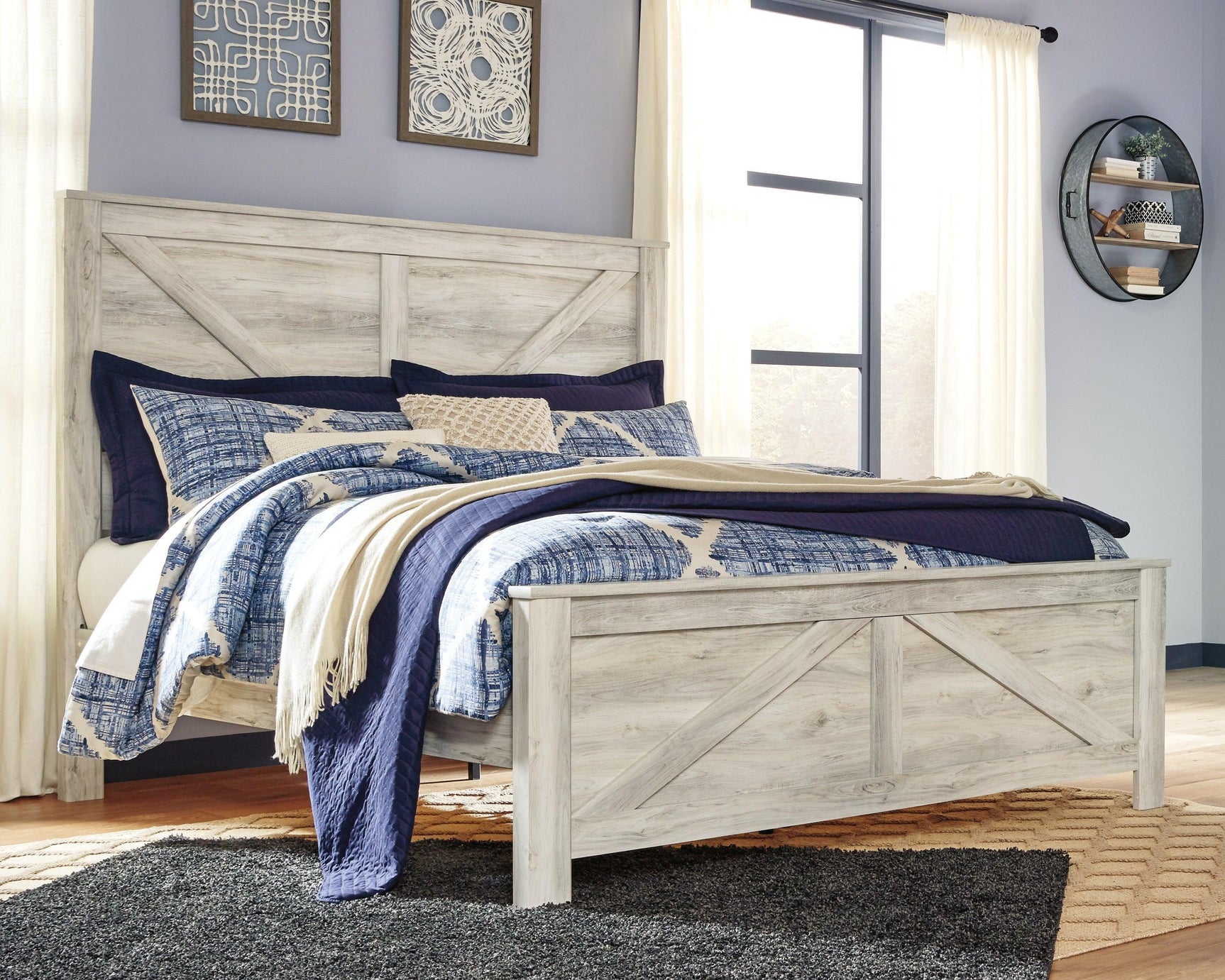 Bellaby Whitewash King Crossbuck Panel Bed - Ella Furniture