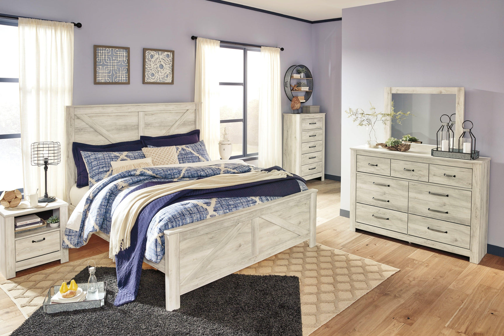 Bellaby Whitewash King Crossbuck Panel Bed - Ella Furniture