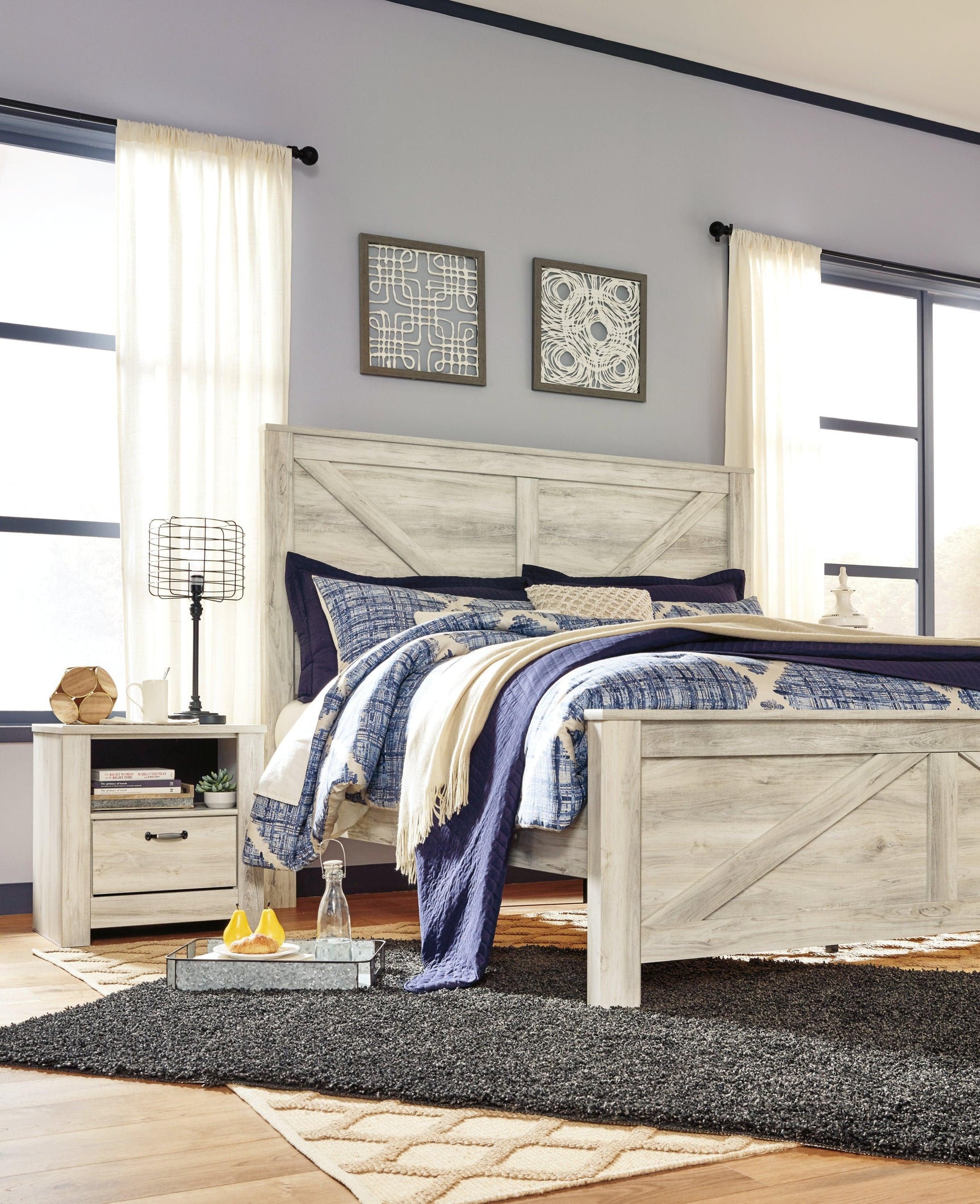 Bellaby Whitewash King Crossbuck Panel Bed - Ella Furniture