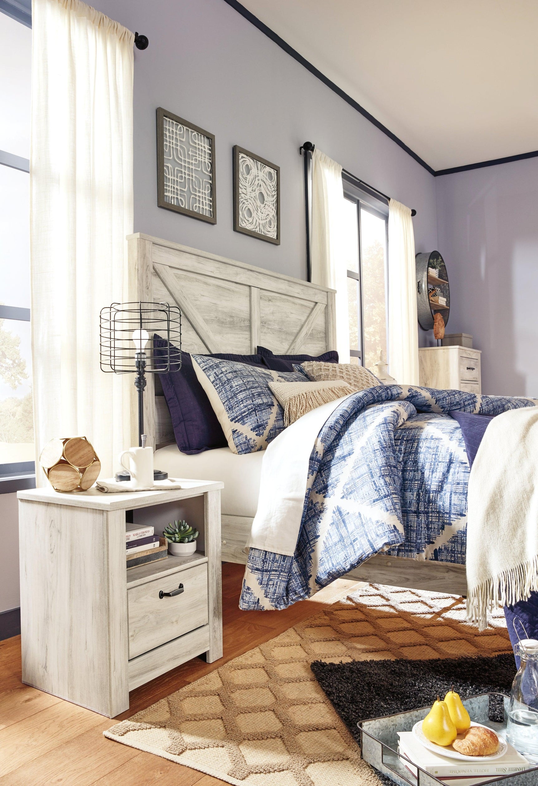 Bellaby Whitewash King Crossbuck Panel Bed - Ella Furniture