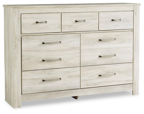 Bellaby Whitewash 7-Drawer Dresser, close-up of brushed nickel hardware
