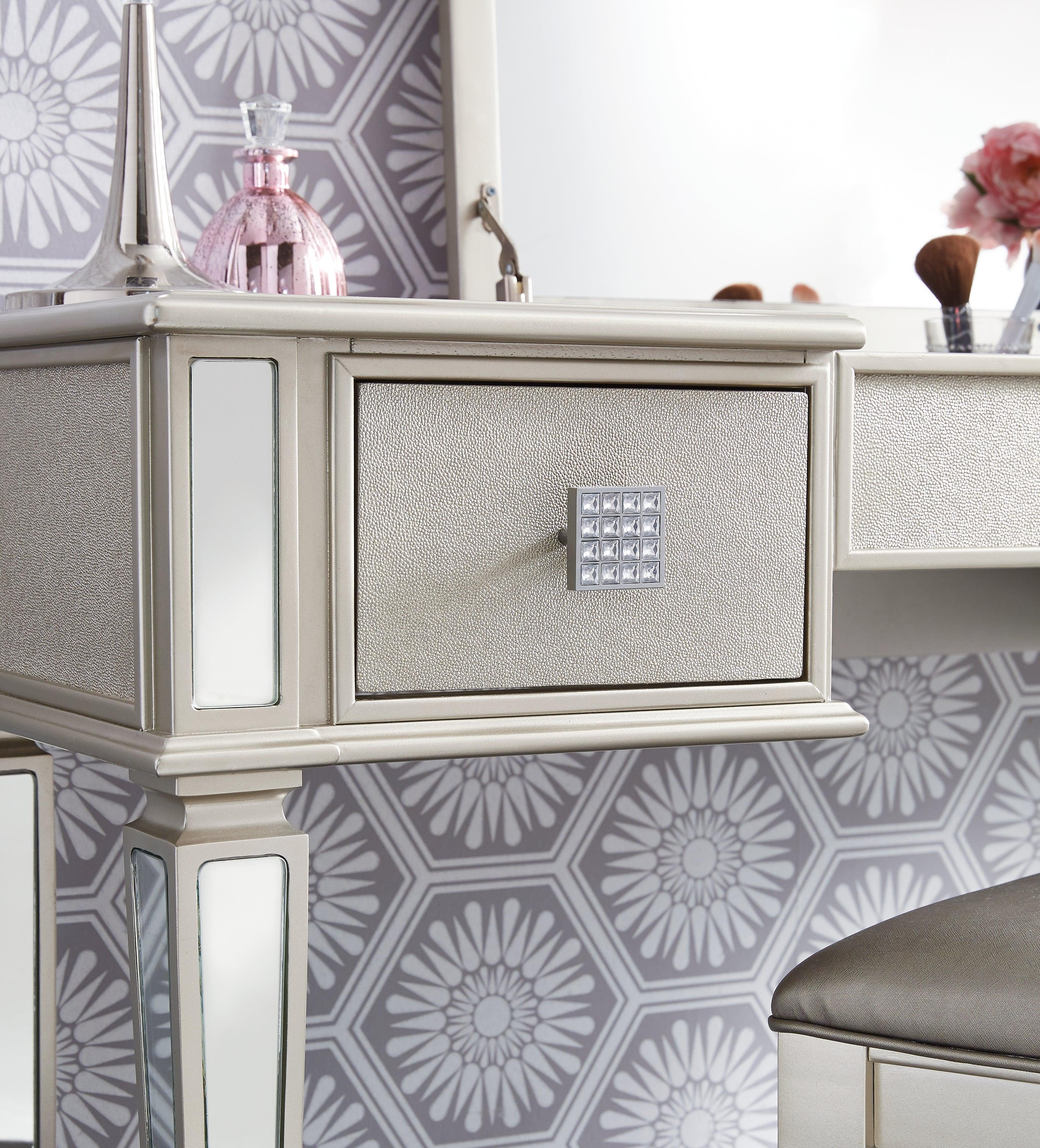 Lonnix Silver Finish Vanity With Stool – Ella Furniture