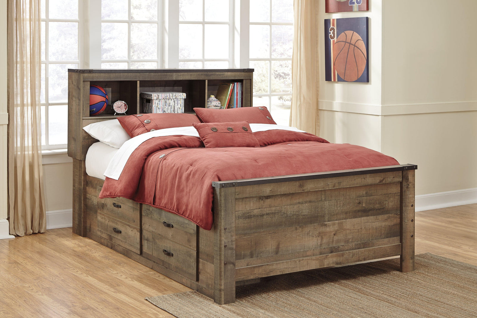 Trinell Brown Full Bookcase Bed With 2 Storage Drawers - Ella Furniture