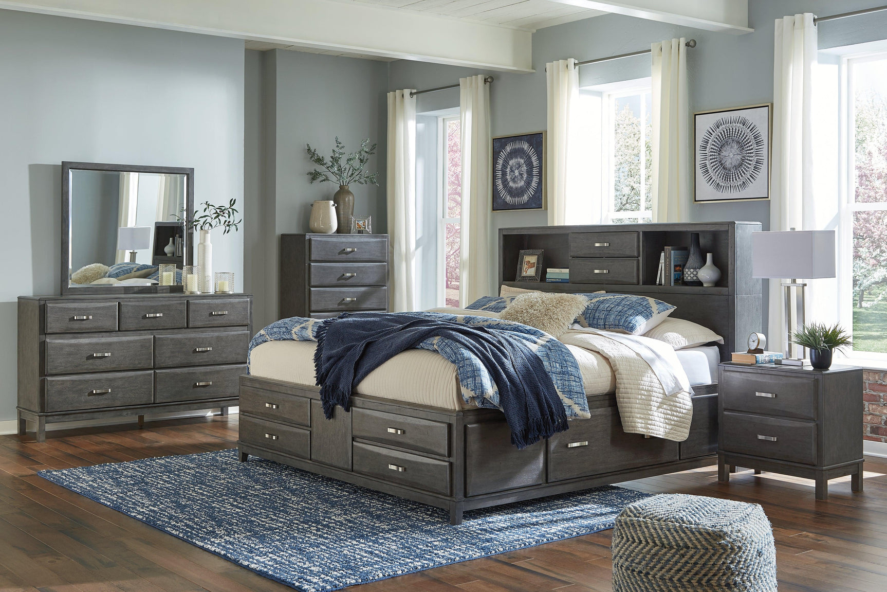 Caitbrook Gray King Storage Bed With 8 Drawers - Ella Furniture