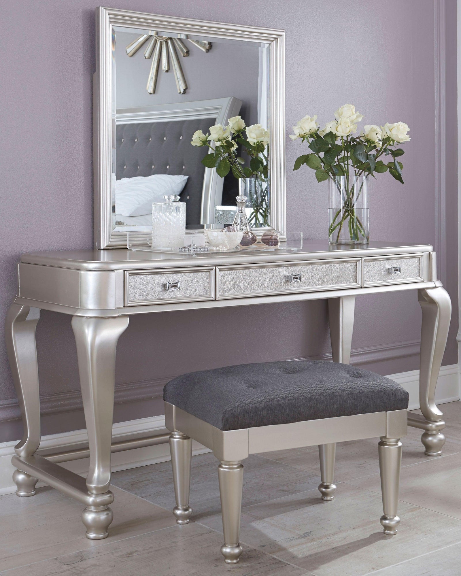 Coralayne Silver Youth Mirrored Vanity With Chair - Ella Furniture