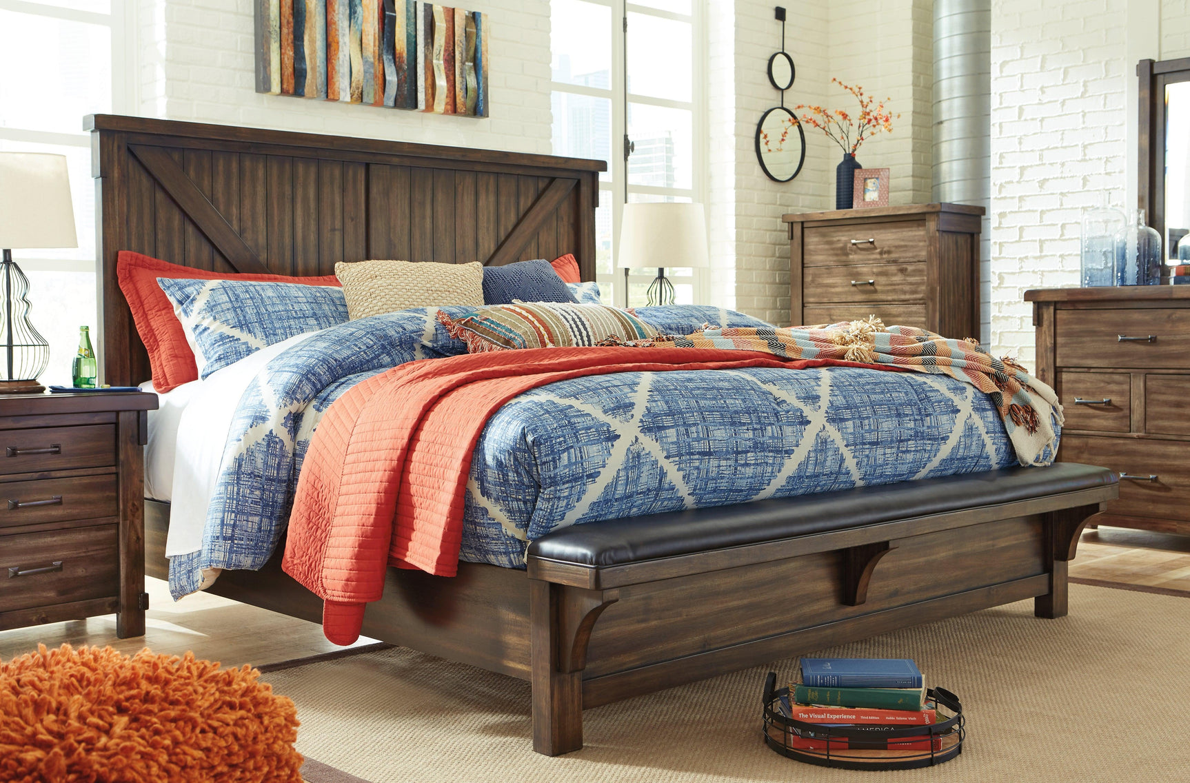 Lakeleigh Brown King Panel Bed With Upholstered Bench - Ella Furniture