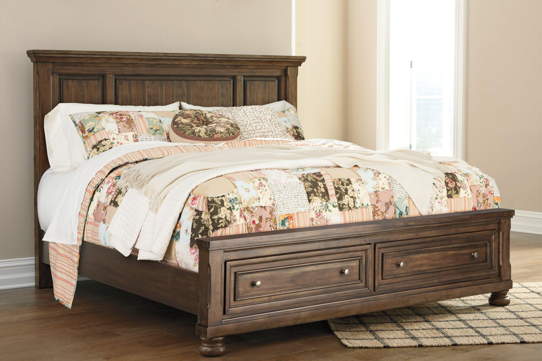 Flynnter Medium Brown Queen Panel Bed With 2 Storage Drawers - Ella Furniture